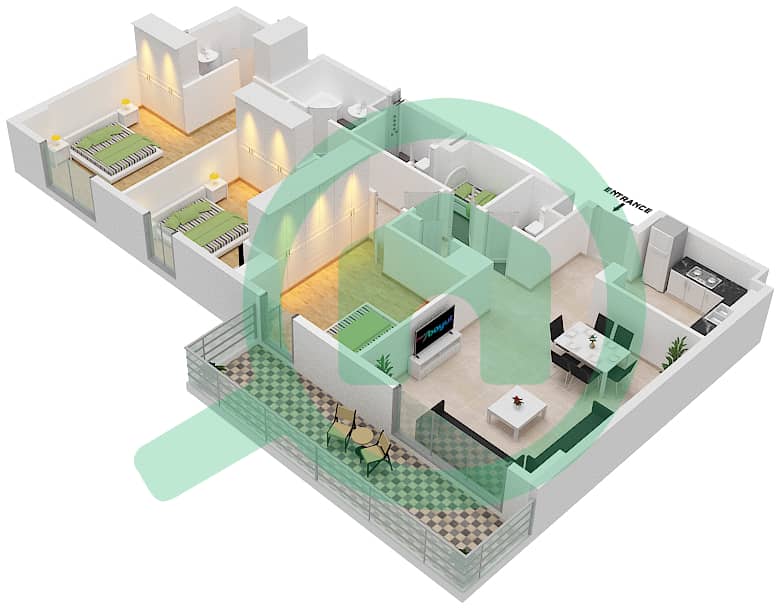 المخططات الطابقية لتصميم النموذج N شقة 3 غرف نوم - سي 3 Floor 1,3,5,7,9,11 interactive3D