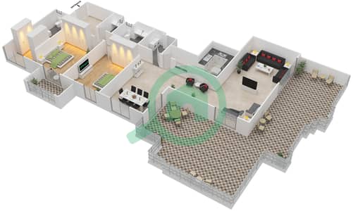 المخططات الطابقية لتصميم الوحدة 01,03 شقة 2 غرفة نوم - بحر 1