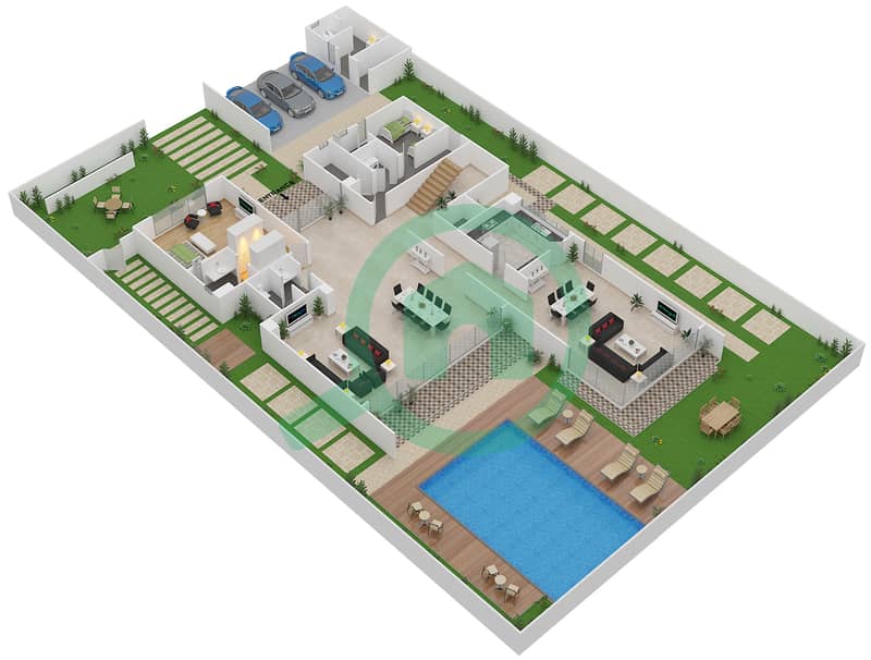 المخططات الطابقية لتصميم النموذج D-2 فیلا 6 غرف نوم - ذا تورف Ground Floor interactive3D