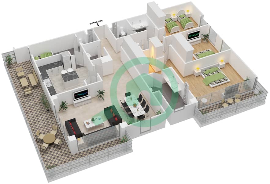 Al Zahia - 3 Bedroom Penthouse Type A Floor plan interactive3D