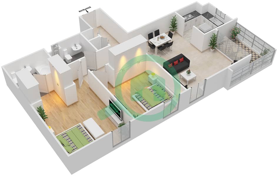 المخططات الطابقية لتصميم النموذج F شقة 2 غرفة نوم - الزاهية interactive3D