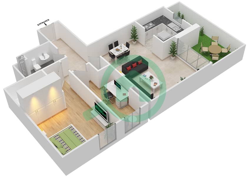 Al Zahia - 1 Bedroom Apartment Type H1 Floor plan interactive3D