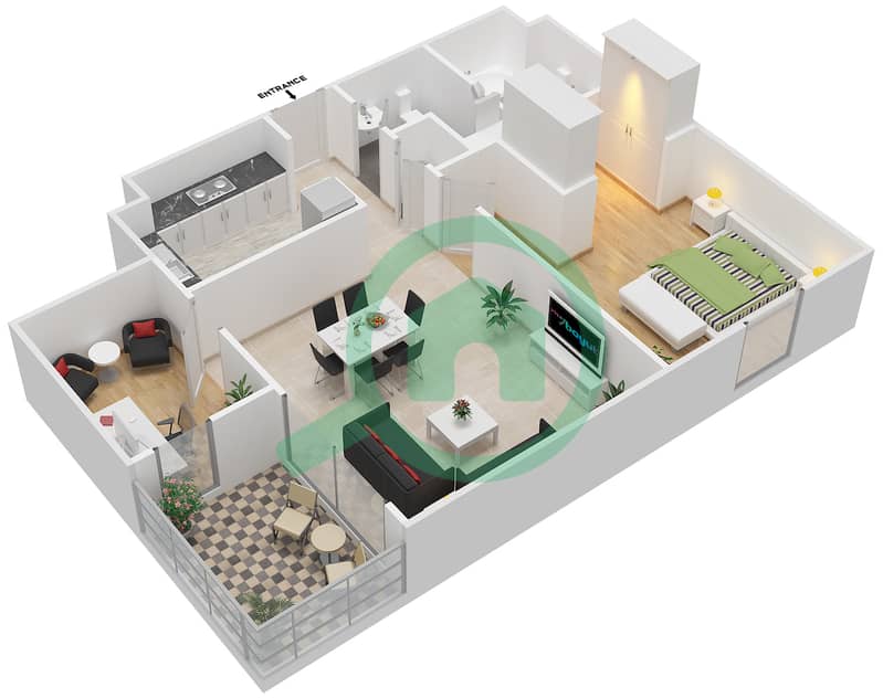 Аль Захия - Апартамент 1 Спальня планировка Тип A interactive3D