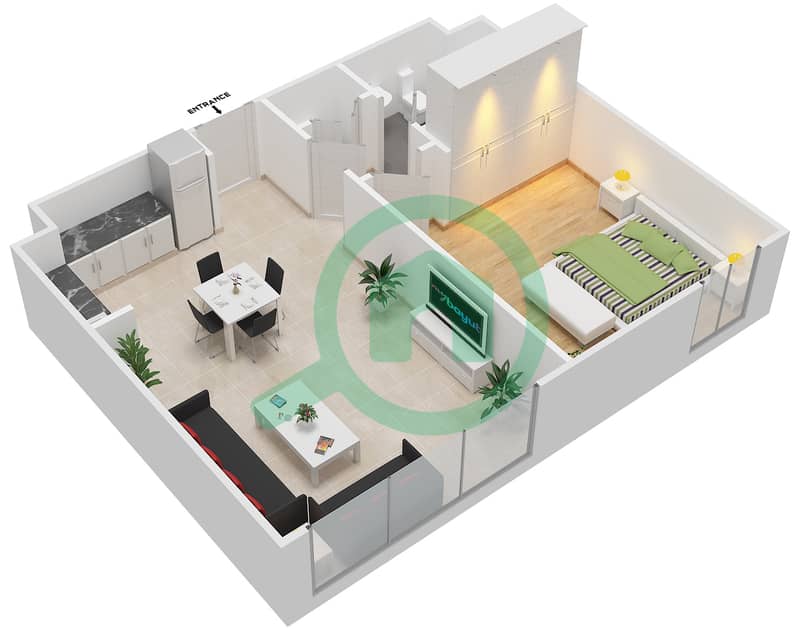 Al Zahia - 1 Bedroom Apartment Type B Floor plan interactive3D