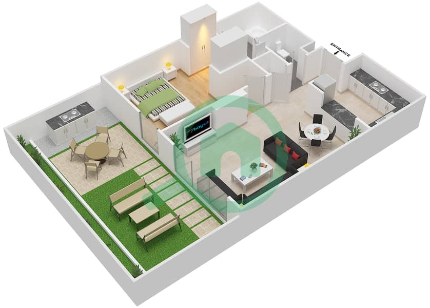 Al Zahia - 1 Bedroom Apartment Type G1 Floor plan interactive3D