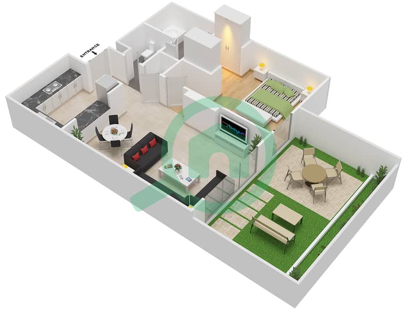 Al Zahia - 1 Bedroom Apartment Type G2 Floor plan interactive3D