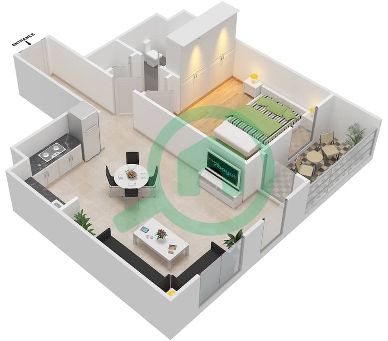阿尔扎希亚 - 1 卧室公寓类型D戶型图 interactive3D