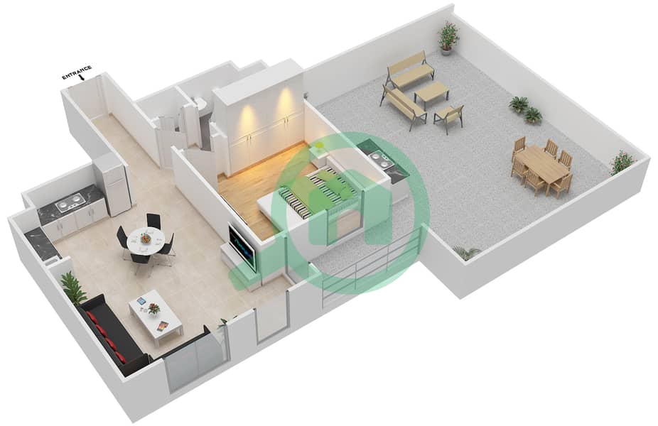 Al Zahia - 1 Bedroom Apartment Type D01 Floor plan interactive3D