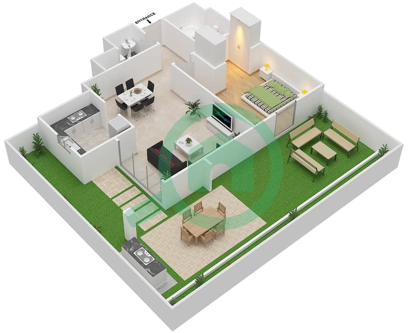 Al Zahia - 1 Bedroom Apartment Type M1 Floor plan interactive3D