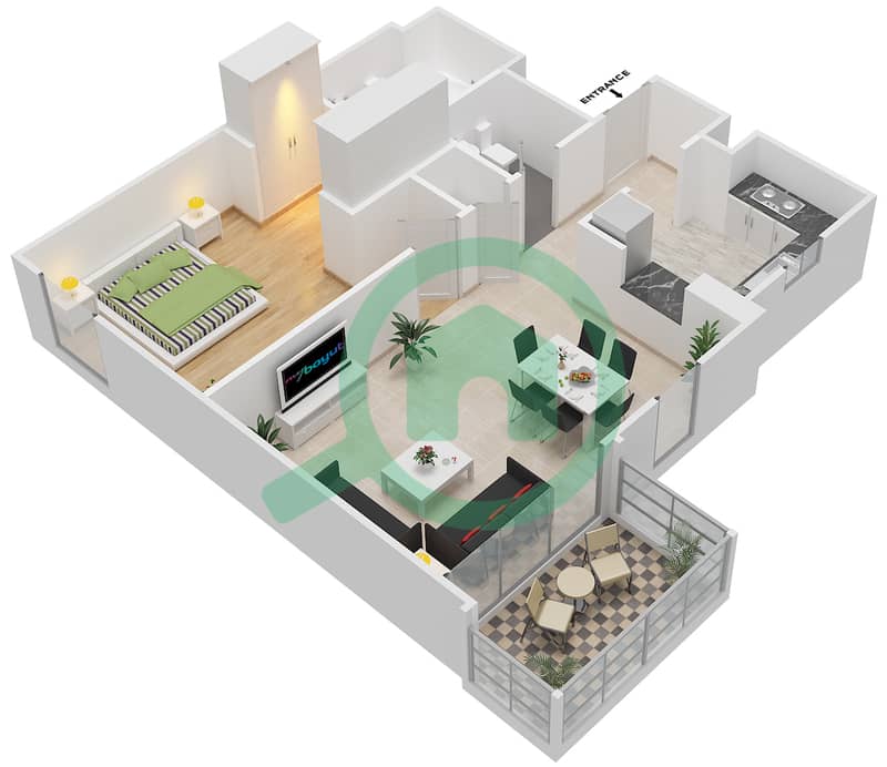 المخططات الطابقية لتصميم النموذج L شقة 1 غرفة نوم - الزاهية interactive3D