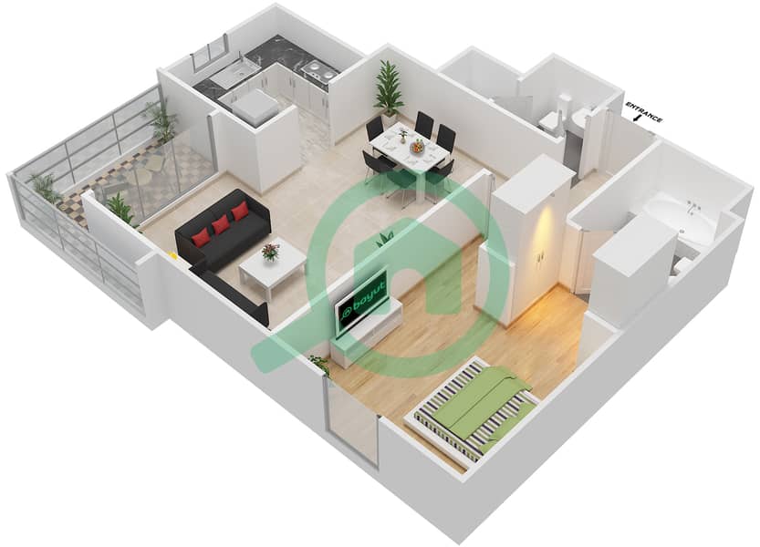 المخططات الطابقية لتصميم النموذج M شقة 1 غرفة نوم - الزاهية interactive3D