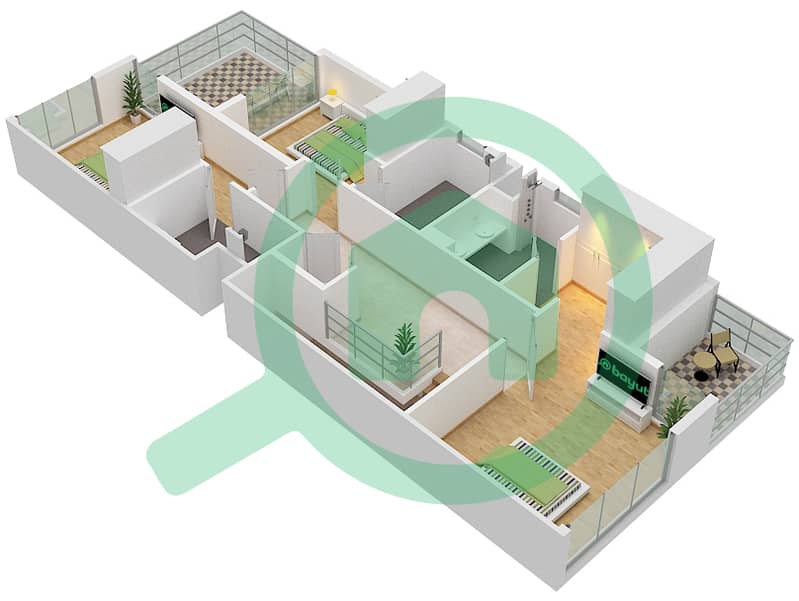 المخططات الطابقية لتصميم النموذج A تاون هاوس 4 غرف نوم - أورا جاردينز First Floor interactive3D