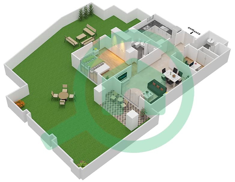 المخططات الطابقية لتصميم الوحدة 3 GROUND FLOOR شقة 1 غرفة نوم - ريحان 1 Ground Floor interactive3D