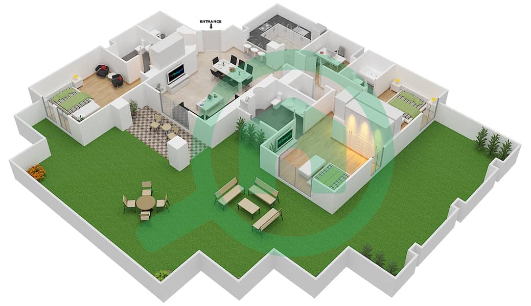 المخططات الطابقية لتصميم الوحدة 7 GROUND FLOOR شقة 3 غرف نوم - ريحان 1 Ground Floor interactive3D