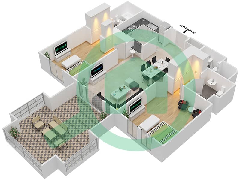 المخططات الطابقية لتصميم الوحدة 1 FLOOR 2 شقة 2 غرفة نوم - ريحان 1 Floor 2 interactive3D