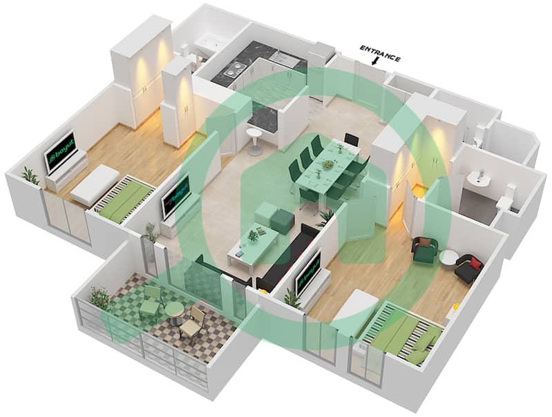 المخططات الطابقية لتصميم الوحدة 1 FLOOR 1,3-8 شقة 2 غرفة نوم - ريحان 1 Floor 1,3-8 interactive3D