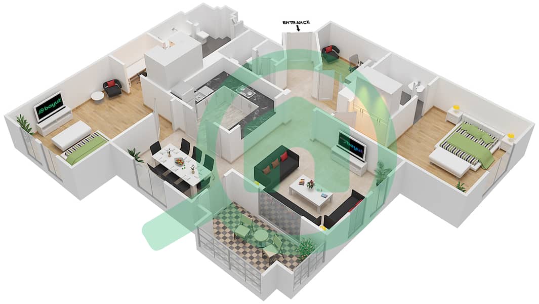 المخططات الطابقية لتصميم الوحدة 2 FLOOR 1-8 شقة 2 غرفة نوم - ريحان 1 Floor 1-8 interactive3D