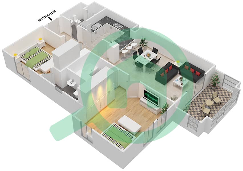 المخططات الطابقية لتصميم الوحدة 3 FLOOR 1-8 شقة 2 غرفة نوم - ريحان 1 Floor 1-8 interactive3D