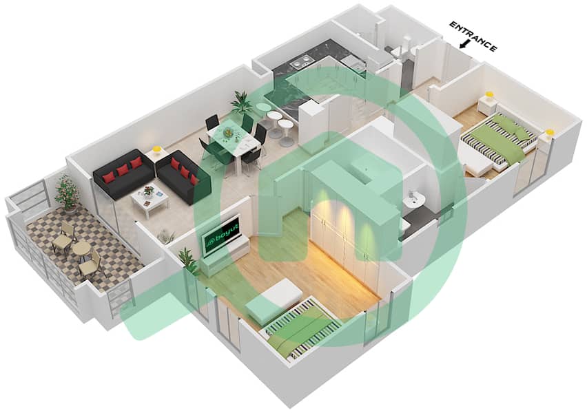 锐翰1号楼 - 2 卧室公寓单位6 FLOOR 1-8戶型图 Floor 1-8 interactive3D