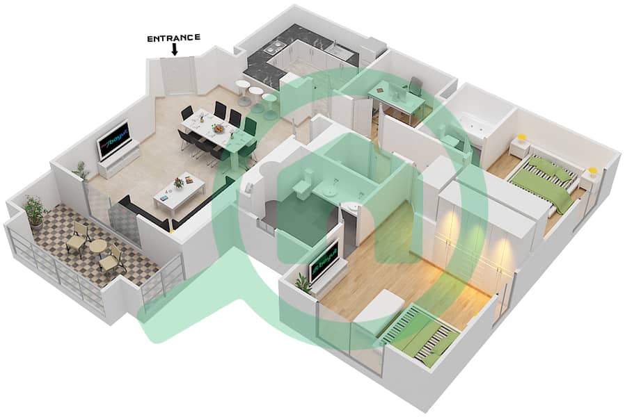 المخططات الطابقية لتصميم الوحدة 7 FLOOR 1-8 شقة 2 غرفة نوم - ريحان 1 Floor 1-8 interactive3D