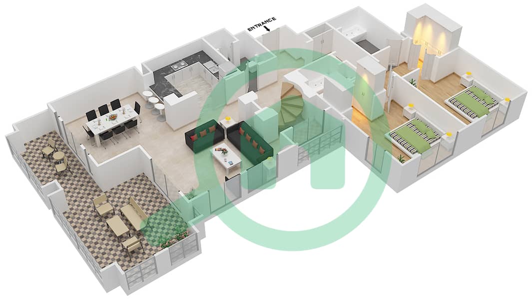 المخططات الطابقية لتصميم الوحدة 2 LOWER FLOOR شقة 2 غرفة نوم - ريحان 1 Lower Floor interactive3D