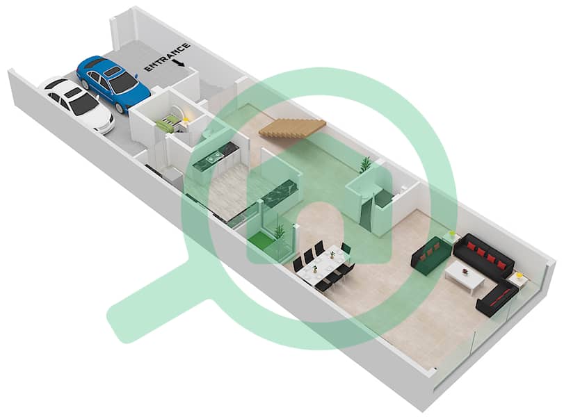 المخططات الطابقية لتصميم النموذج A تاون هاوس 4 غرف نوم - تاون هاوس رؤية Ground Floor interactive3D