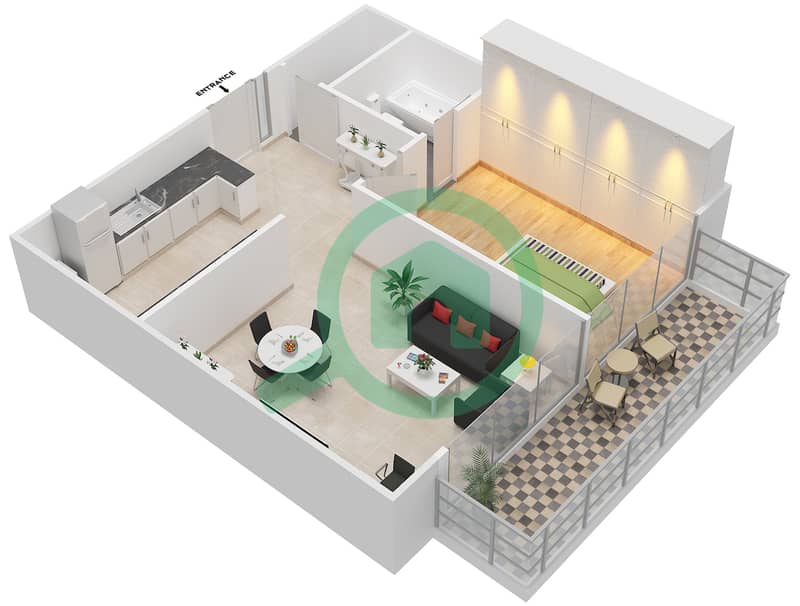 المخططات الطابقية لتصميم النموذج 1A شقة 1 غرفة نوم - تونجا interactive3D