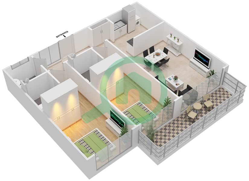 المخططات الطابقية لتصميم النموذج PACIFIC SUITE شقة 2 غرفة نوم - تونجا interactive3D