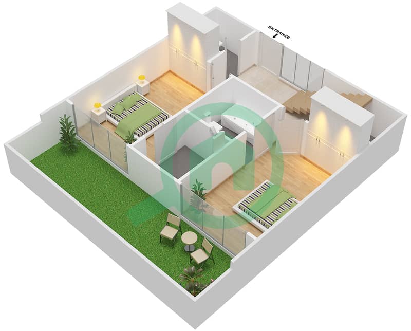 المخططات الطابقية لتصميم النموذج DULPEX شقة 2 غرفة نوم - باسيفيك Lower Floor interactive3D