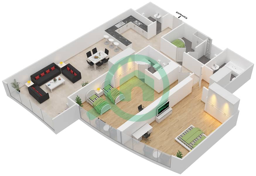 С5 Тауэр - Апартамент 2 Cпальни планировка Тип 2A interactive3D
