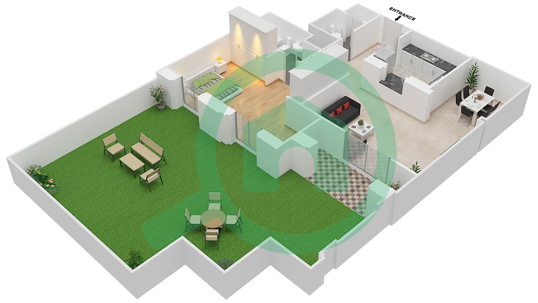 المخططات الطابقية لتصميم الوحدة 1 GROUND FLOOR شقة 1 غرفة نوم - مسکة Ground Floor interactive3D