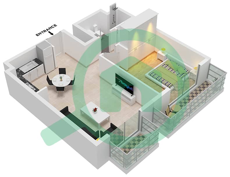 المخططات الطابقية لتصميم النموذج 1E شقة 1 غرفة نوم - جرين سكوير Floor 12 interactive3D