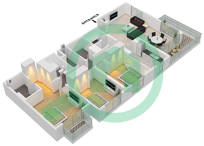 Грин Сквер - Апартамент 3 Cпальни планировка Тип 3B Floor 1-10 interactive3D