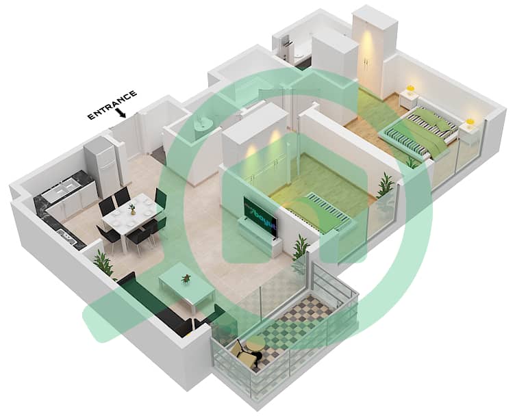 Грин Сквер - Апартамент 2 Cпальни планировка Тип 02C Floor 1-8 interactive3D
