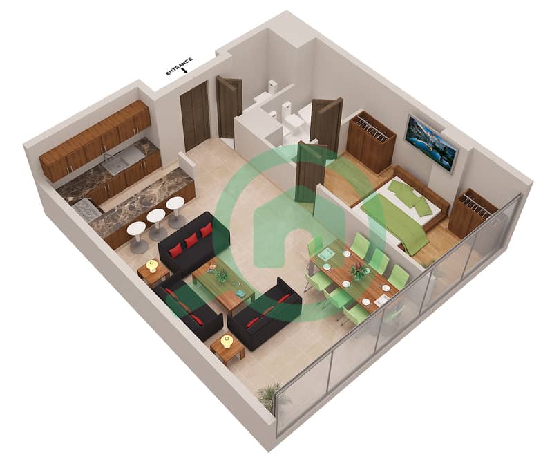 المخططات الطابقية لتصميم الوحدة LE ROYAL MERIDIEN 2 شقة 1 غرفة نوم - برج بوتانيكا interactive3D
