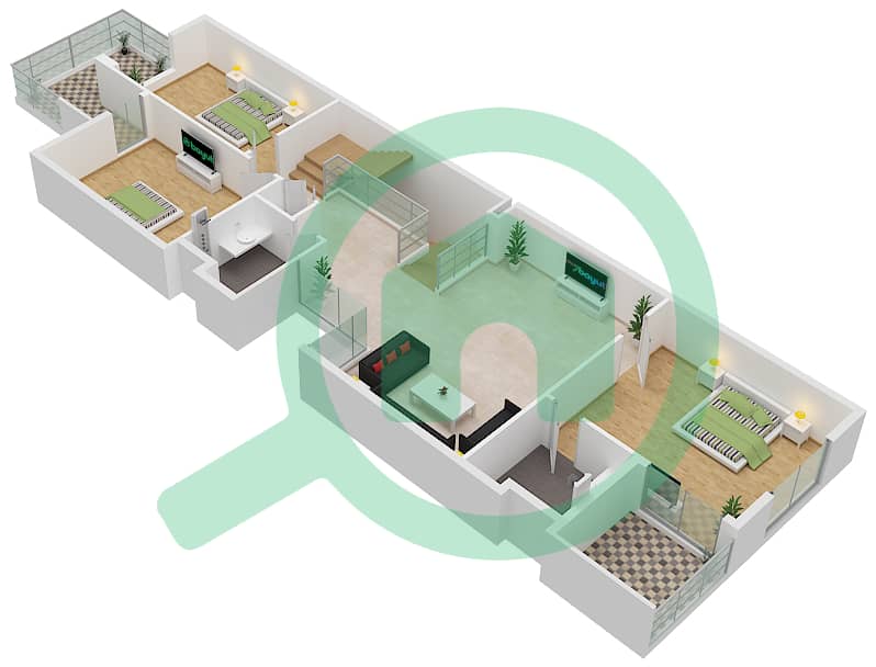 المخططات الطابقية لتصميم النموذج A تاون هاوس 4 غرف نوم - تاون هاوس رؤية First Floor interactive3D