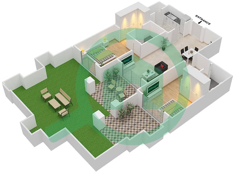 Рихан 2 - Апартамент 2 Cпальни планировка Единица измерения 2 / GROUND FLOOR Ground Floor interactive3D