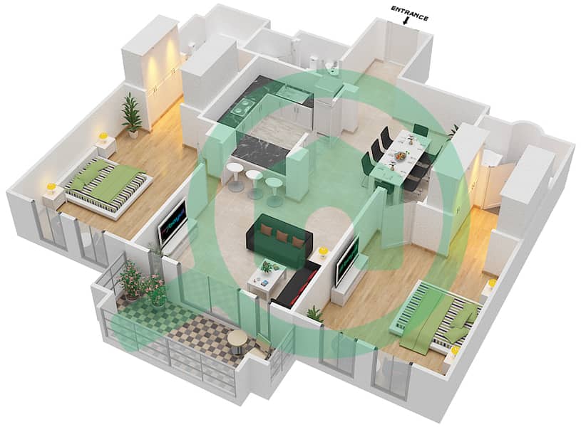 المخططات الطابقية لتصميم الوحدة 8 / FLOOR-2,3 شقة 2 غرفة نوم - ريحان 2 Floor-2,3 interactive3D