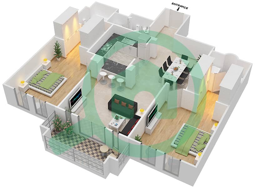 Рихан 2 - Апартамент 2 Cпальни планировка Единица измерения 8 / FLOOR-2,3 Floor-2,3 interactive3D