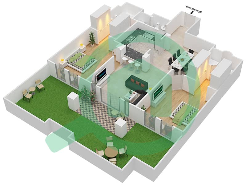 المخططات الطابقية لتصميم الوحدة 8 / FLOOR-1 شقة 2 غرفة نوم - ريحان 2 Floor-1 interactive3D