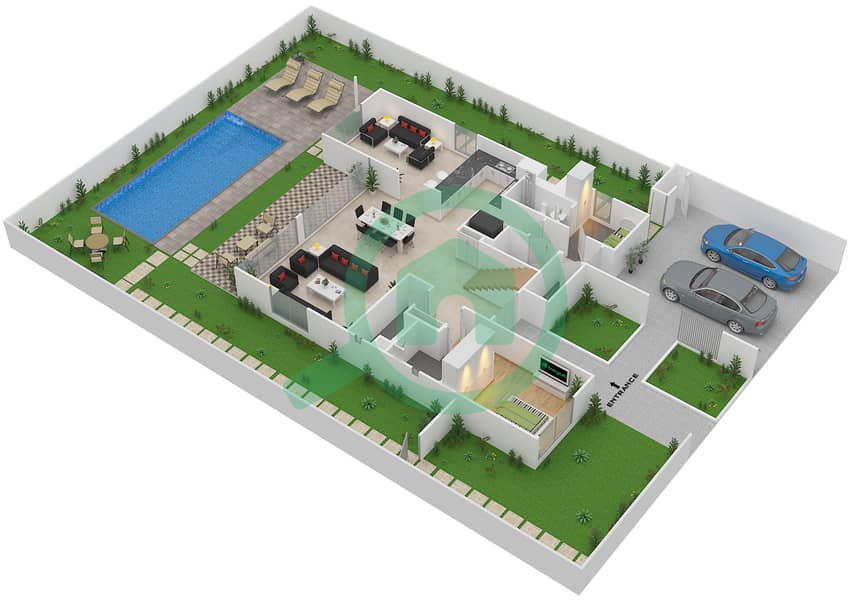 المخططات الطابقية لتصميم النموذج 1 فیلا 5 غرف نوم - جولف لينكس Ground Floor interactive3D