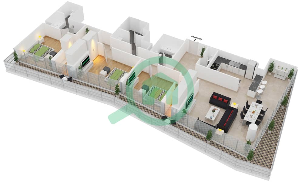 Al Naseem Residence C - 3 Bedroom Apartment Type 901 Floor plan Floor 9 interactive3D