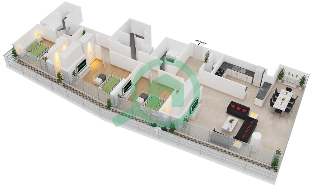 Резиденция Аль Насим С - Апартамент 3 Cпальни планировка Тип 1201 Floor 12 interactive3D