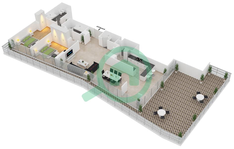المخططات الطابقية لتصميم النموذج 1004 شقة 2 غرفة نوم - مساكن النسيم C Floor 10 interactive3D