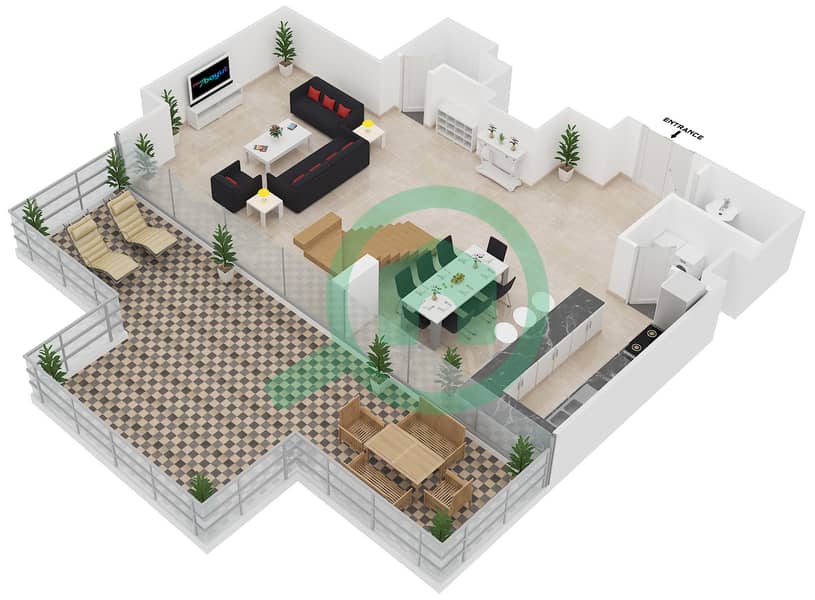 المخططات الطابقية لتصميم النموذج 7 شقة 2 غرفة نوم - مساكن النسيم C Lower Floor interactive3D