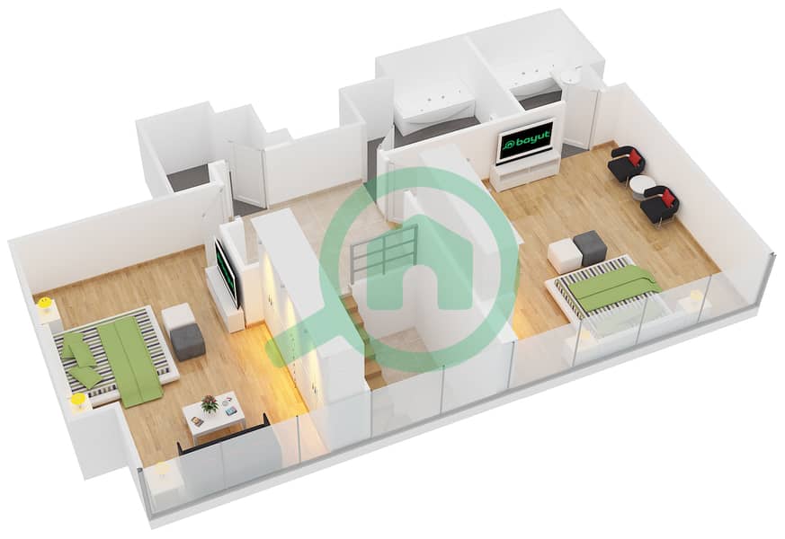 المخططات الطابقية لتصميم النموذج 7 شقة 2 غرفة نوم - مساكن النسيم C Upper Floor interactive3D