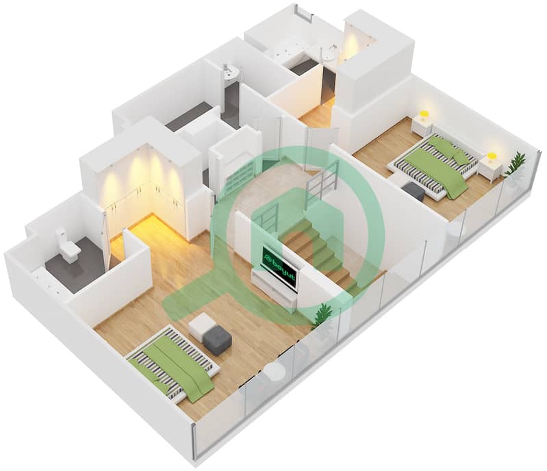 المخططات الطابقية لتصميم النموذج 9 شقة 3 غرف نوم - مساكن النسيم C Upper Floor interactive3D