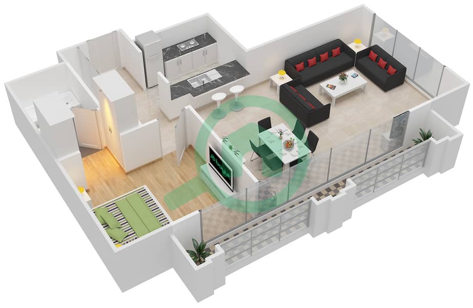 المخططات الطابقية لتصميم الوحدة 5 شقة 1 غرفة نوم - النخیل 1 Floor 1-3 interactive3D