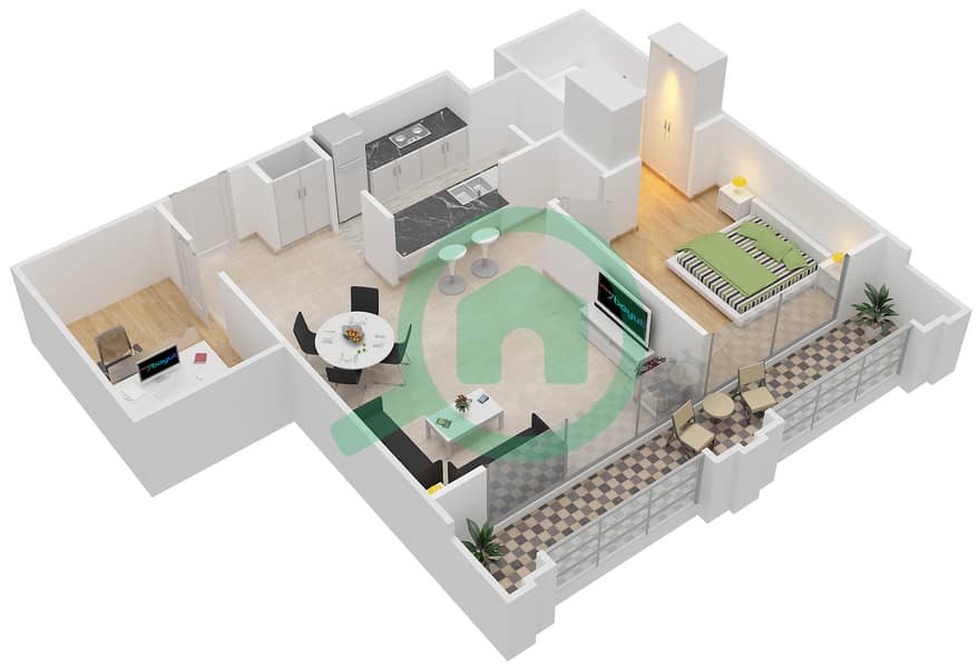 Al Nakheel 1 - 1 Bedroom Apartment Unit 7 Floor plan Floor 1-3 interactive3D