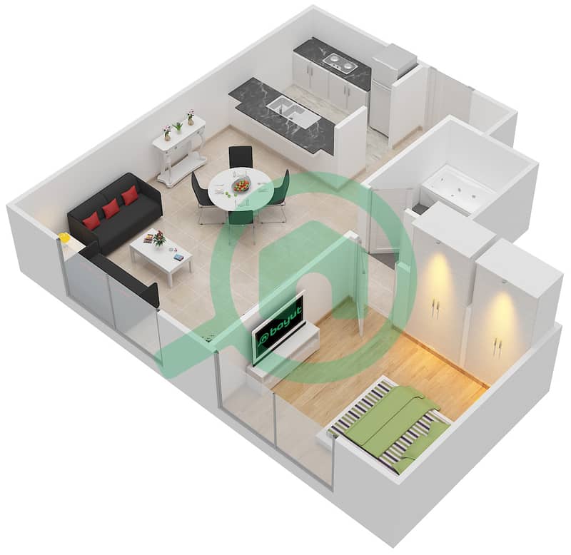 Al Nakheel 1 - 1 Bedroom Apartment Unit 8 Floor plan Floor 1-3 interactive3D
